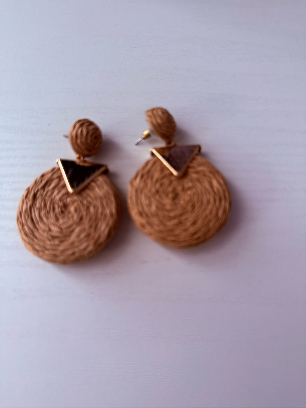 Tan Woven Circle Drop Earrings with Gold Triangle Accent - Women Jewelry